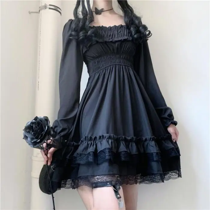 

Japanese Lolita Style Women Princess Black Mini Dress Slash Neck High Waist Gothic Dress Puff Sleeve Lace Ruffles Party Dresses