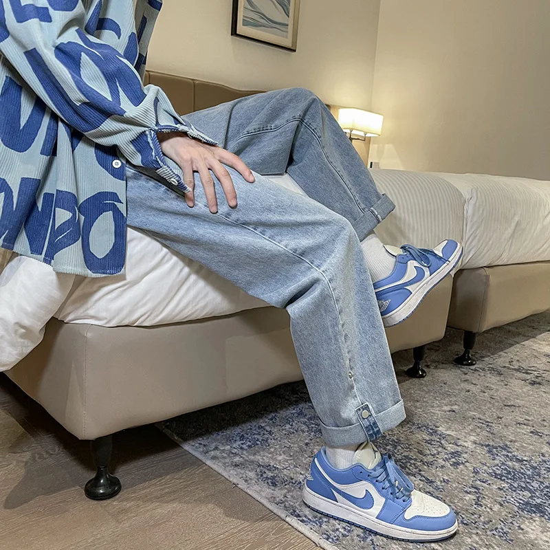 

Джинсы мужские свободные в гонконгском стиле, модные брендовые брюки с широкими штанинами в стиле ретро, с эффектом потертости, в стиле ...