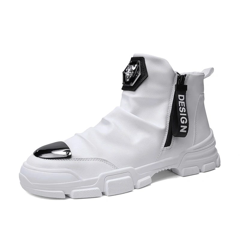 

men's Autumn and winter rivet leopard head high-top leather shoes, men's leather loafers, casual board with raised height shoe