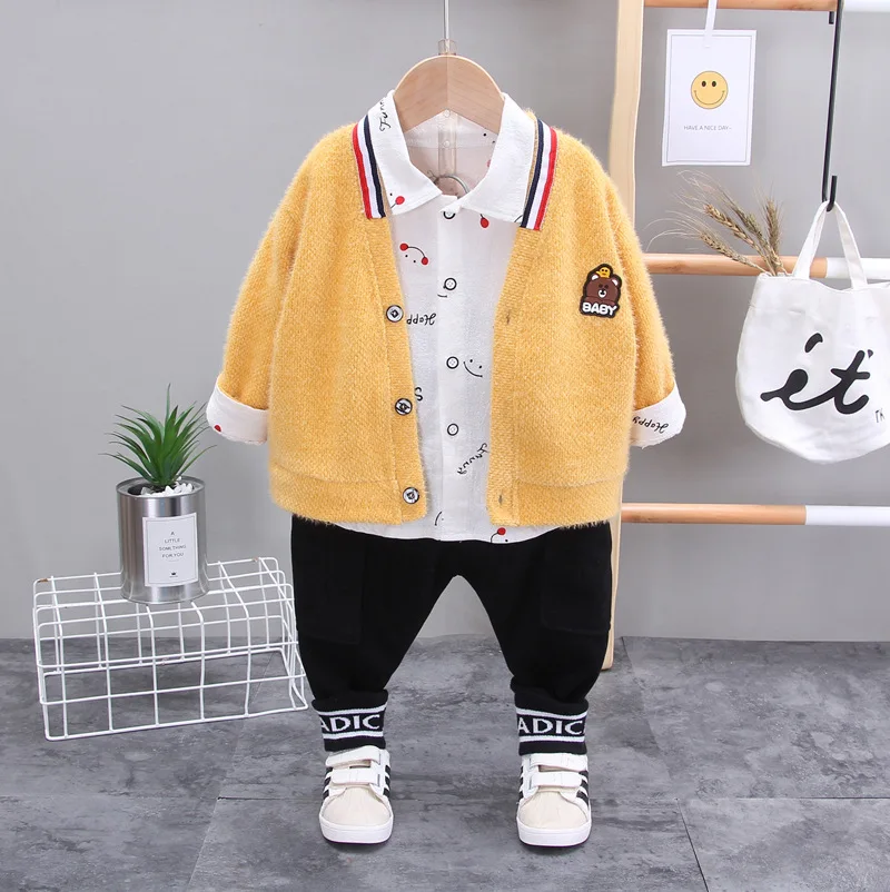 

2021 Spring Autumn Baby Boys Clothes Sets Kids Cotton Bear Print Cardigan Coats+Long Sleeve Top+Pant 3Pcs For Girls Sports Suit