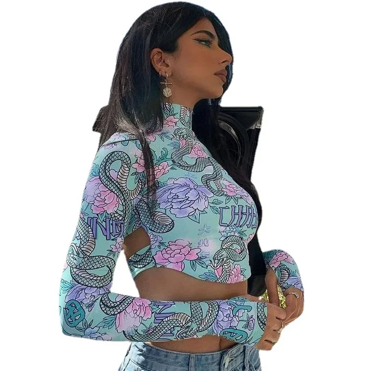 

Eversea Stand Collar Floral Elegant Tops Women Autumn Print Backless Sexy Long Sleeve T-Shirt