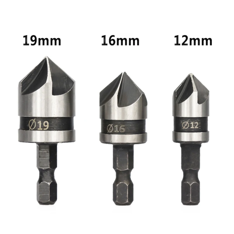 3pcs Drill Bit 3 шт. 82 градусов 5 канавки фаски Резак из быстрорежущей стали 12 мм 16 мм 19 мм шестигранным хвостовиком зенковки сверло набор дерева фаски сверла по металлу - Цвет: 3pcs Drill Bit