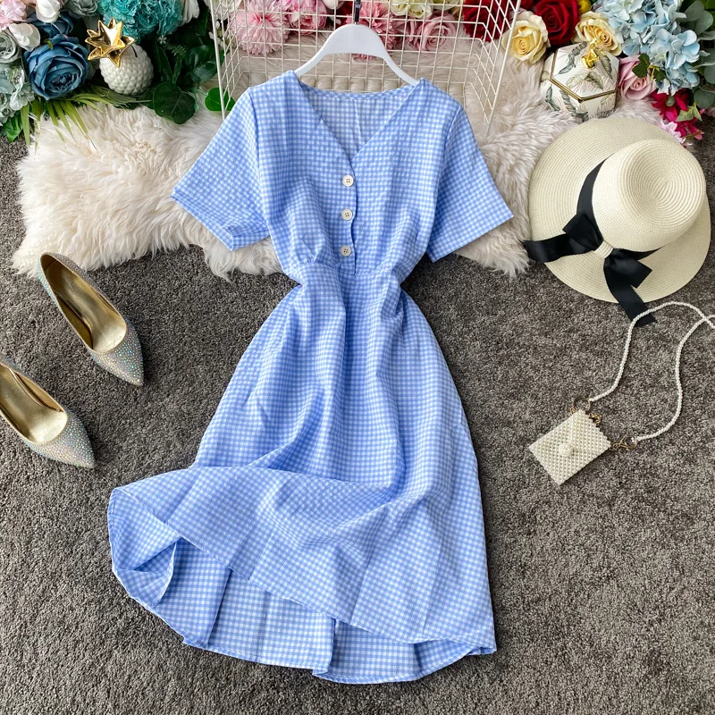 

Female Casual 2021 New Spring Summer Fashion Button Short Sleeve V Neck Solid Country Style Vintage Ladies Dress