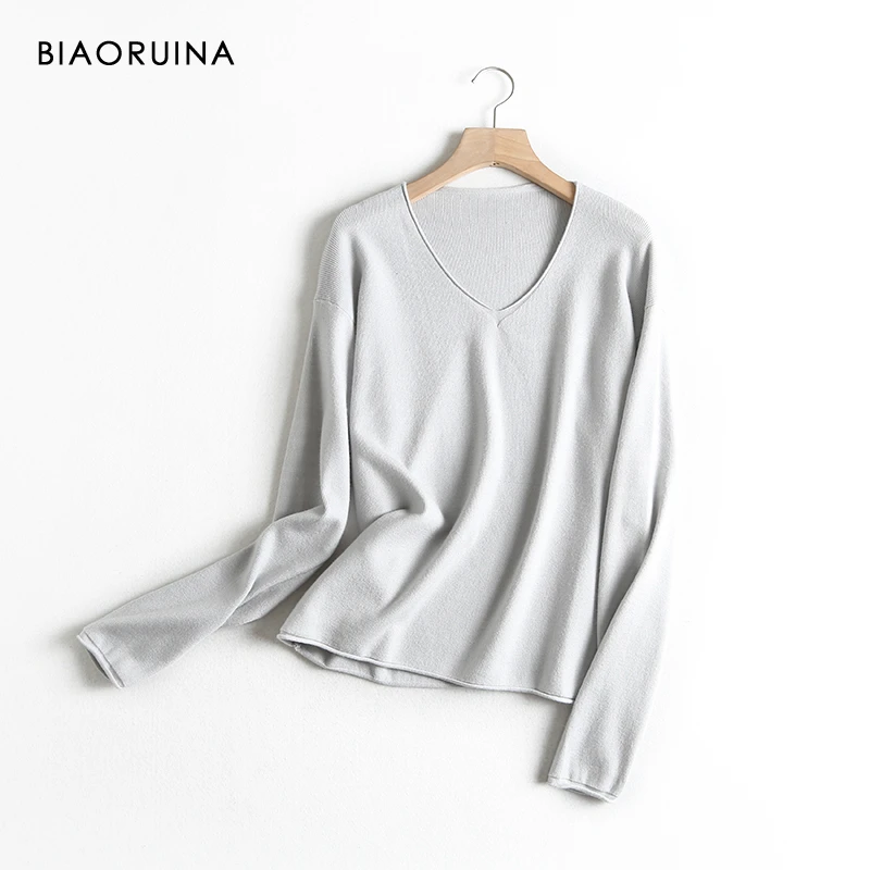 BIAORUINA 4 Color Women's Casual Basic All-match Thin Knit Sweater Female V-neck Sweet Pullover Long Sleeve Loose Sweaters | Женская