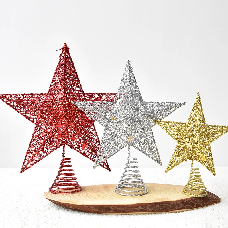 Christmas Tree Top Star Golden Red Glitter Iron Star Ornament Merry Christmas Family Party Tree Top Decoration Five-pointed Star