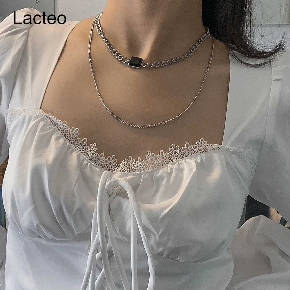 

Lacteo Neo Gothic Stainless Steel Clavicle Chain Choker Necklace Vintage Black Color Rhinestone Jewelry Necklaces Accessories