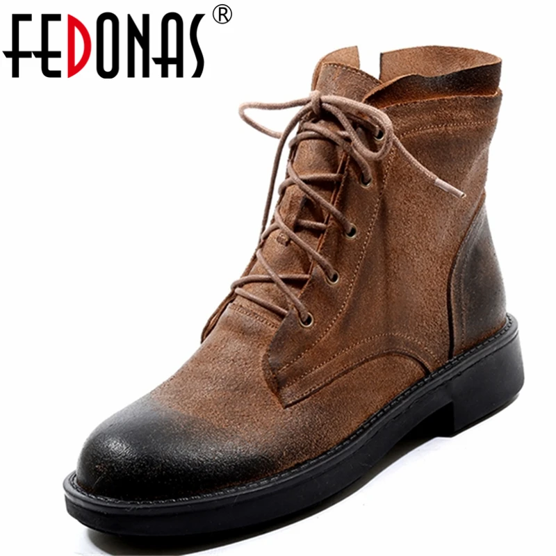 

FEDONAS Fashion 2021 Autumn Winter Women Ankle Boots Lace-Up Casual Low Heels Round Toe Shoes Woman Genuine Leather New Arrival