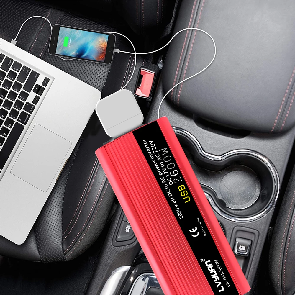 Преобразователь напряжения автомобильный портативный модифицированный синусоидальный DC 12V в AC 220V 50Гц 2600 Вт для использования дома или в поездке.