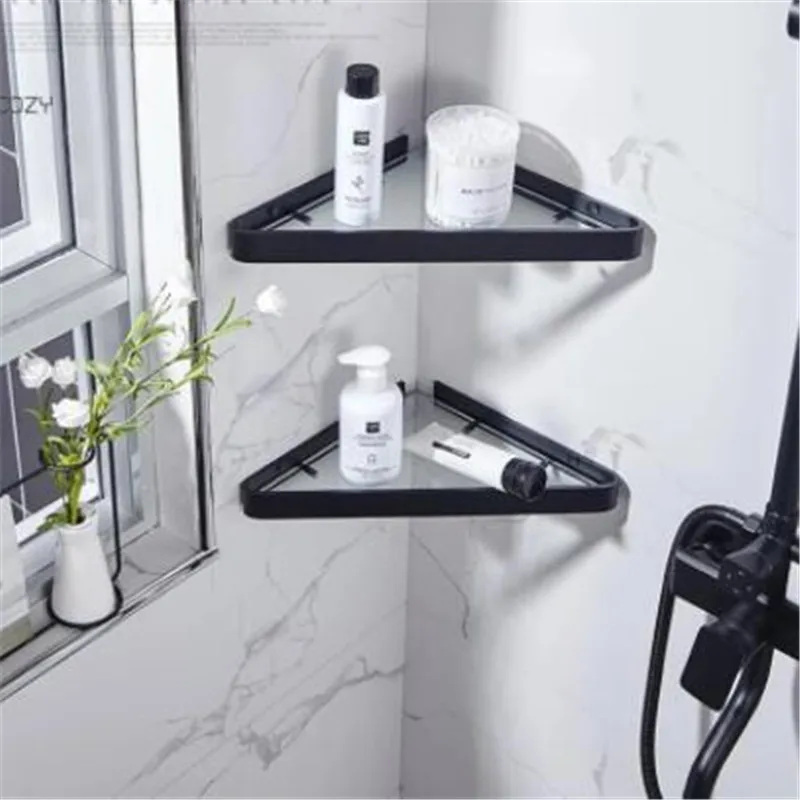 

Bathroom Shelf Corner Storage Aluminum Glass Shower Black Rack Suction Basket