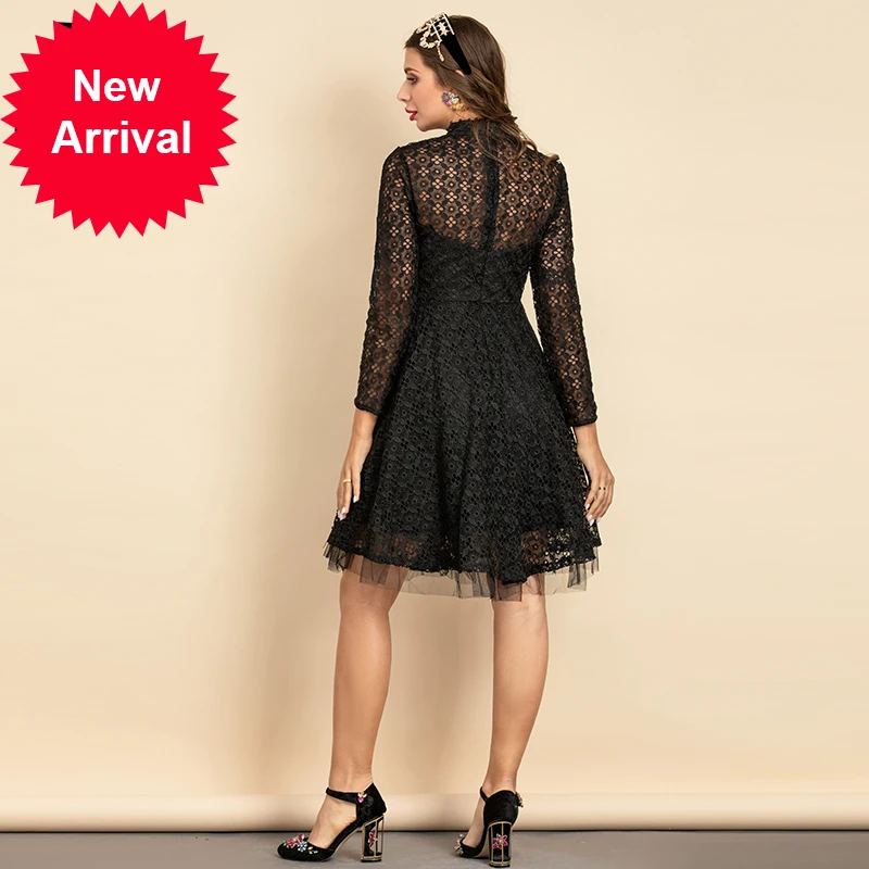 

New 2021 Women Summer Fashion DesignerMidi Dress Long Sleeve Gorgeous Beading Black Printed Ladies A-Line Dress