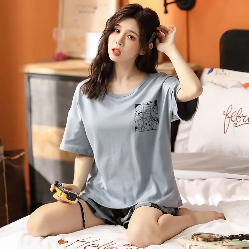 

New Summer Loose Cool Soft Home Suits Cute Cartoon Pajamas Set Women's Cotton Casual Comfort Purple Short Sleeve Sleepwear Mujer