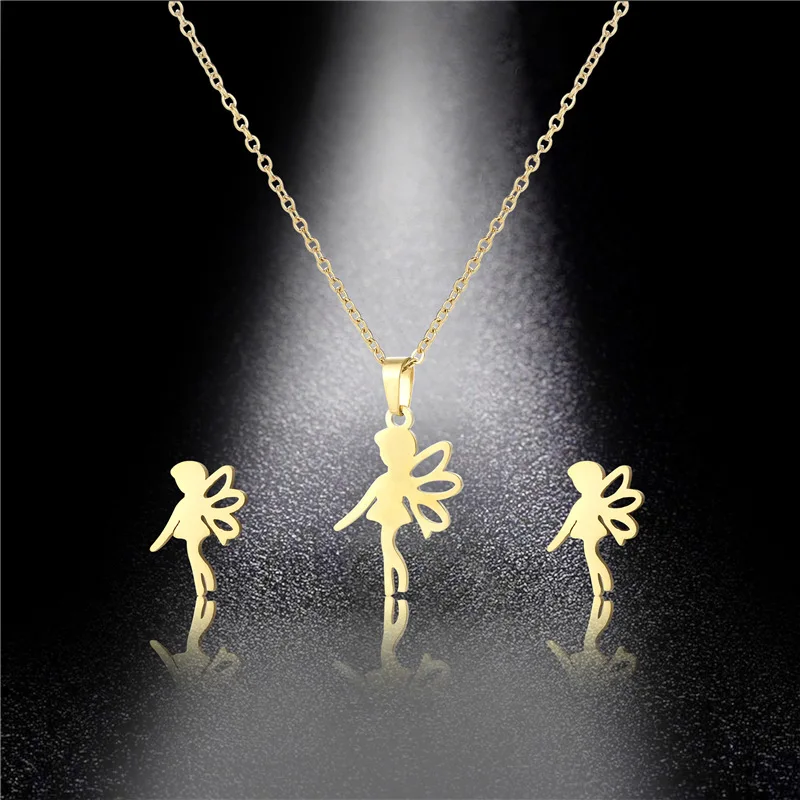 

Small Stainless Steel Hollow Flying Fairy Goddess Couple Pendant Chain Necklace Wedding Love You Women Mother Gift Jewelry