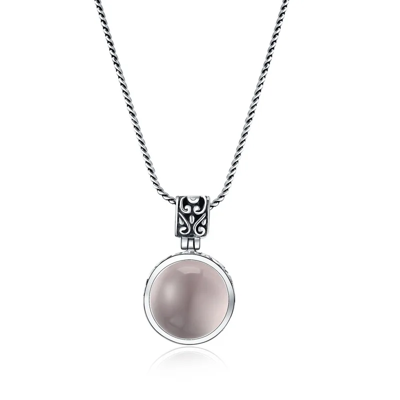 

High Quality 925 Sterling Silver Natural Stone Pink Crystal Necklace Rose Quartz Female Women Jewelry Round Pendant with Chain