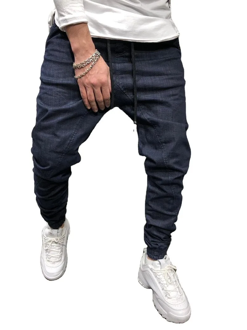

Cotton Men Jeans Pants Lace Up Denim Trousers Black Pants Skinny Slim Hip Hop Sportswear Elastic Waist Male Trousers Mens Jeans