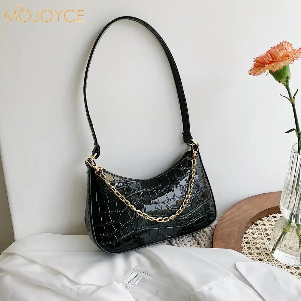 

Vintage Women PU Leather Alligator Pattern Shoulder Underarm Bag Casual Ladies Pure Color Chain Small Hobos Handbags Purse