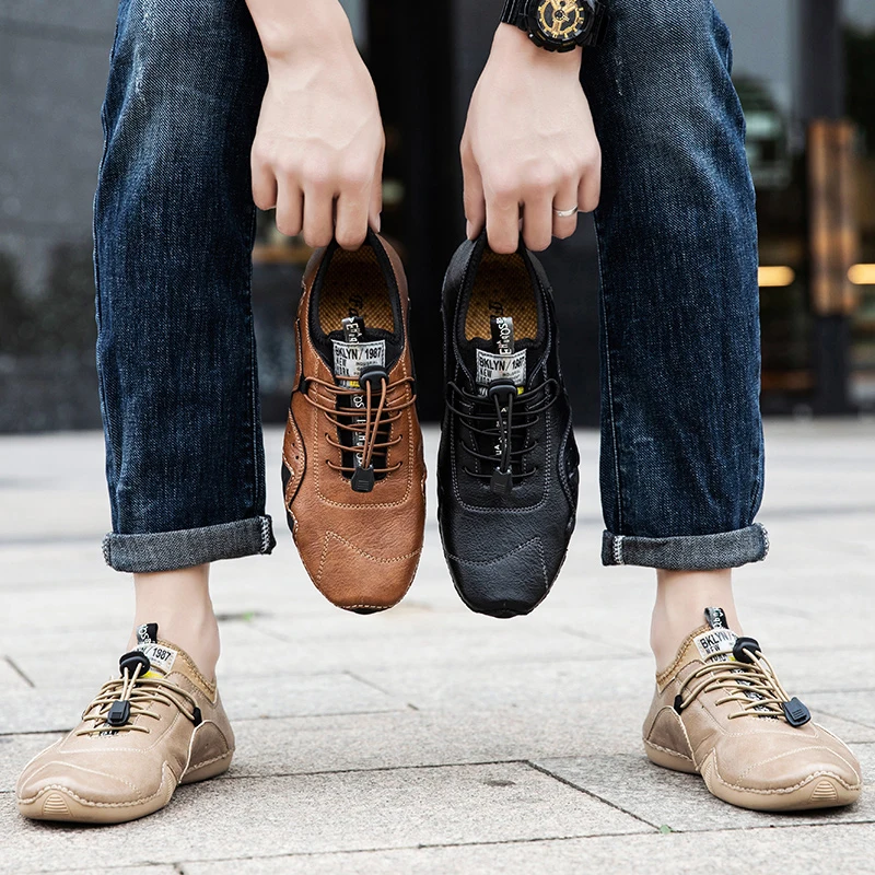 Men's Leather Casual Shoes British Style Designer Elastic Band outdoor Moccasins Men Loafers Sneakers | Обувь