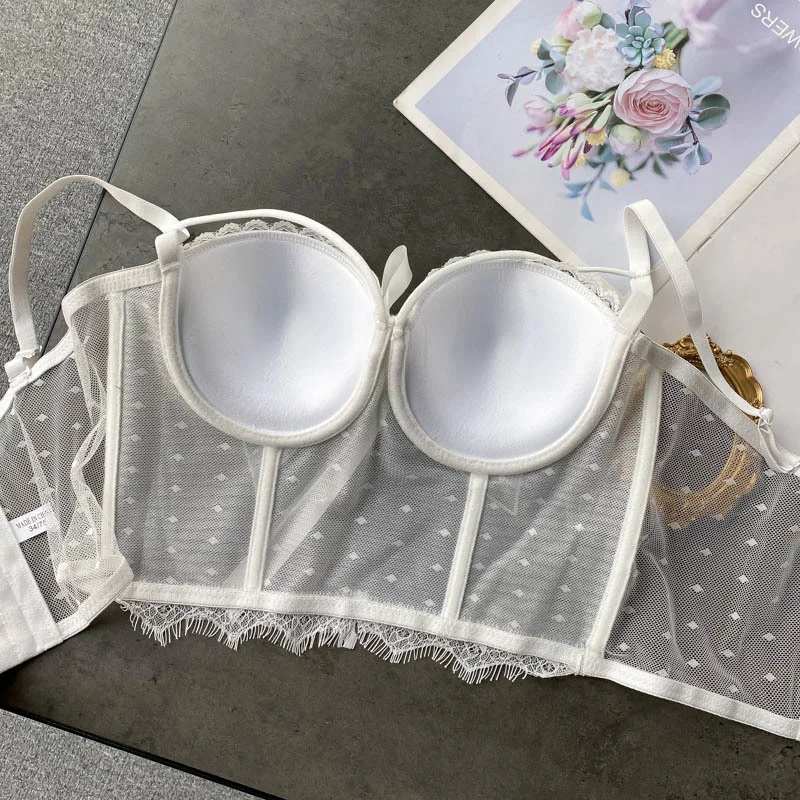 

Women Bustier Corset Bowknot Ribbon Push Up Bralet Bra White Black Adjustable Strap Dot Mesh See Through Sexy Summer Crop Tops