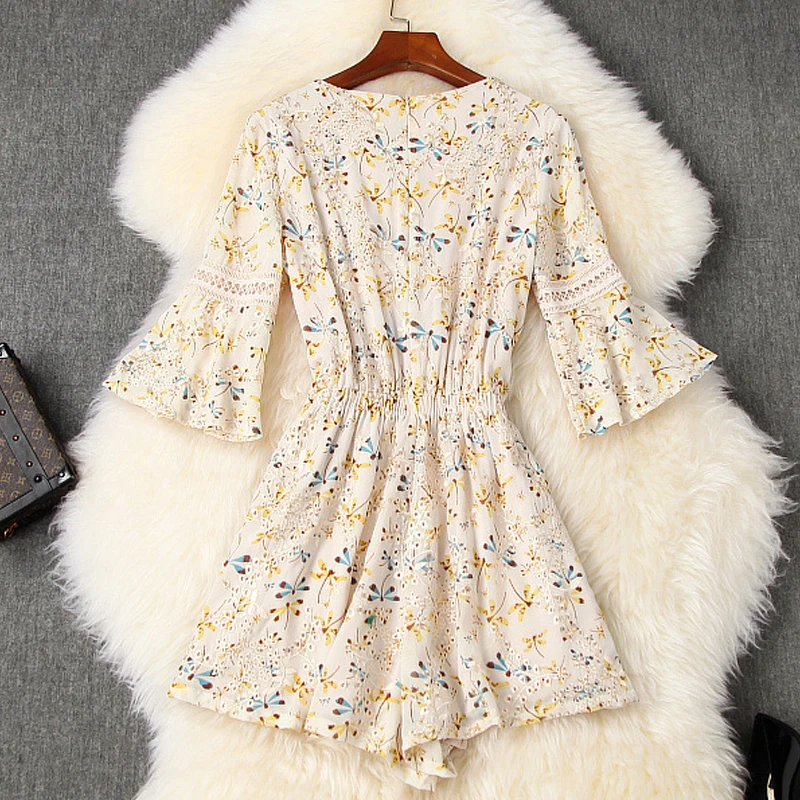 

SURUFENG Women 2021 Summer Casual Chiffon Jumpsuit Short Flare Sleeves Floral Print Lace V-Neck Romper Playsuit Sweet Outfits