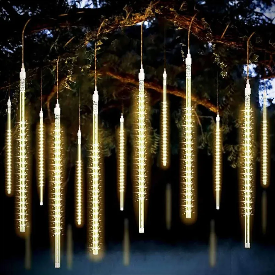 

Led Meteor Shower Rain Light Christmas Snowfall Light Waterproof Falling Rain Light Garland For Tree Holiday Patio Roof Decor