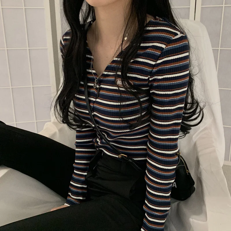 

Blouses Women Casual Korean Style Vintage Autumn Wear Striped V-neck Slimming