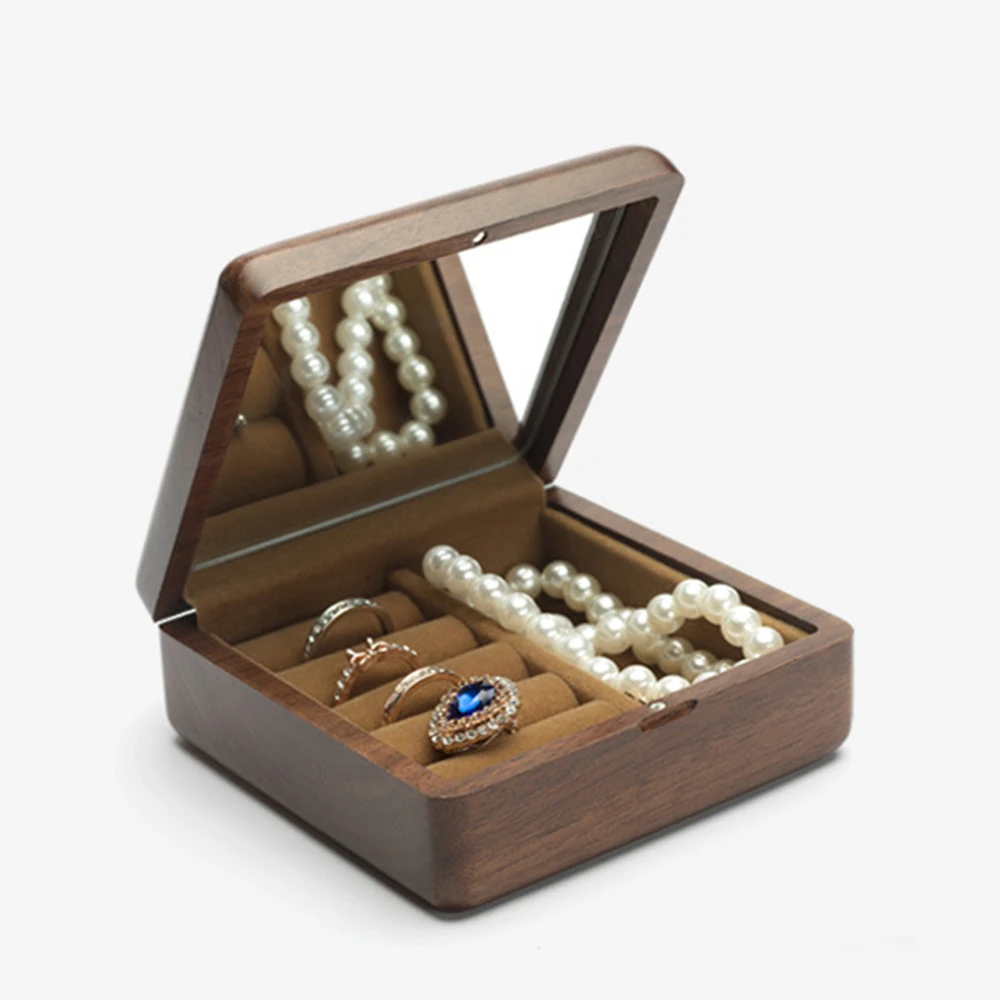 Тревел ретро деревянная коробка для ювелирных изделий, упаковка для свадебного кольца, ожерелья, браслета, органайзер для женщин и мужчин, дисплейная коробка, подарок для пары.