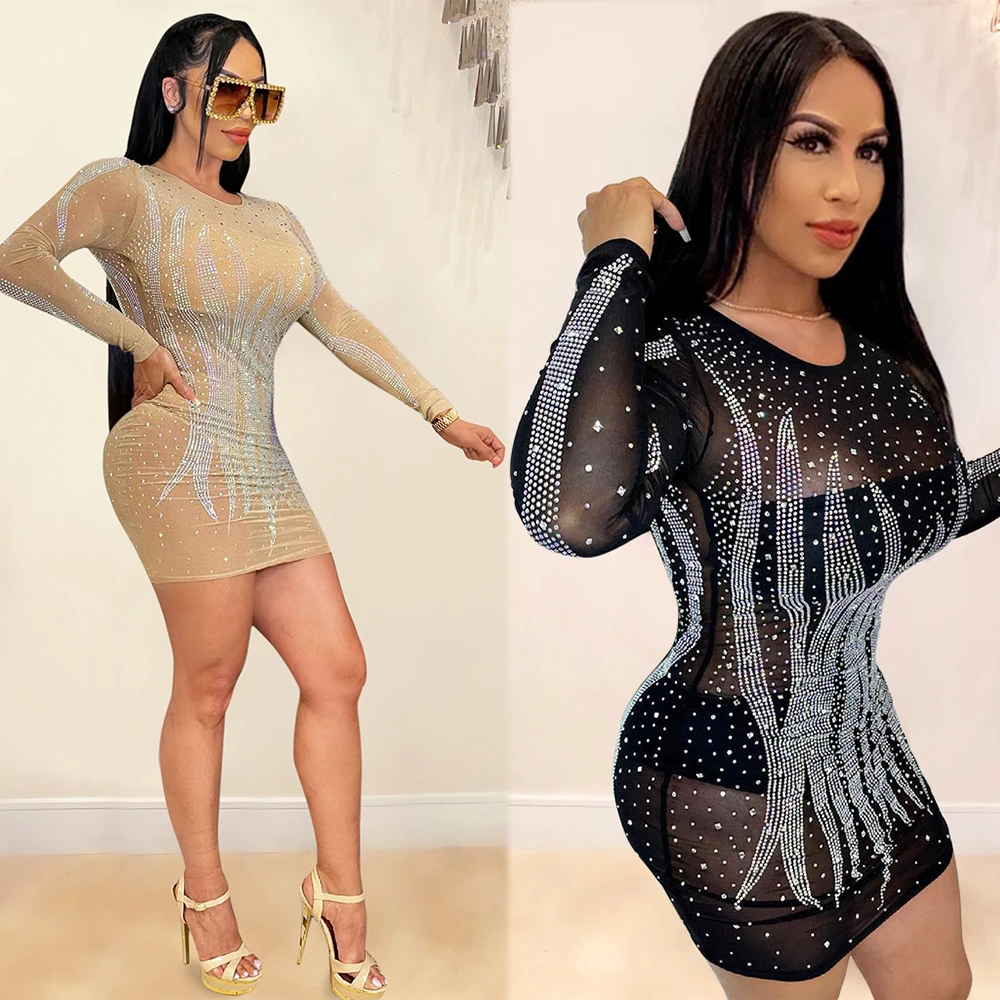 

2021 Women's Fashion Autumn New Temperamental Hot Beads Set Diamond Sexy Perspective Net Gauze Nightclub Slim Dress Hip Skirt