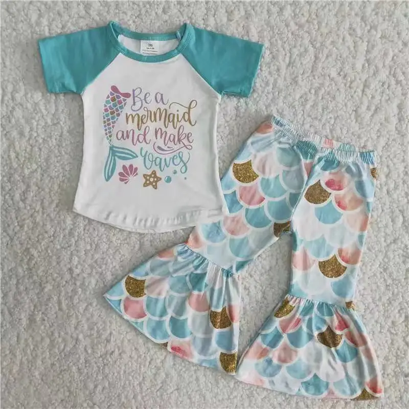 

2021 mermaid scale bell bottom pants outfits childrens apparel fashion 2pcs kids clothes set