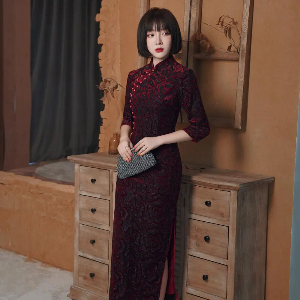 

Элегантное Восточное длинное платье, традиционное китайское модное бархатное зимнее платье Ципао, Cheongsams, велюровое Qi Pao