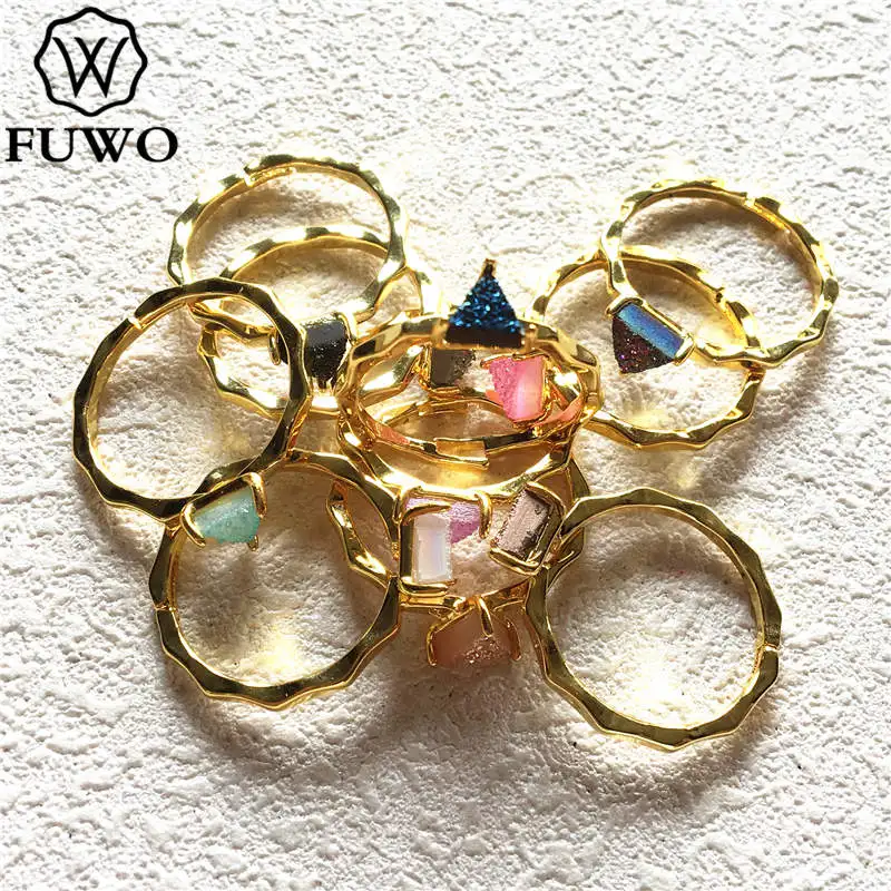 

FUWO Gold Color Twist Triangle Druzy Rings For Women Elegant Angel Aura Rings s Female Party Decorative Bridesmaid jewelry RG021