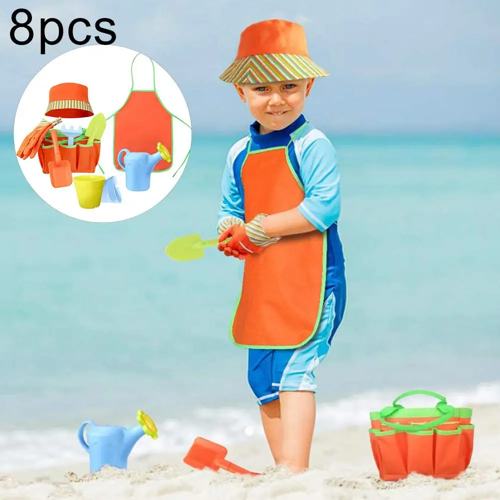 

8Pcs Portable Children Kids Garden Housework Tools Watering Can Shovel Rake Bucket Hat Apron Beach Toys Set