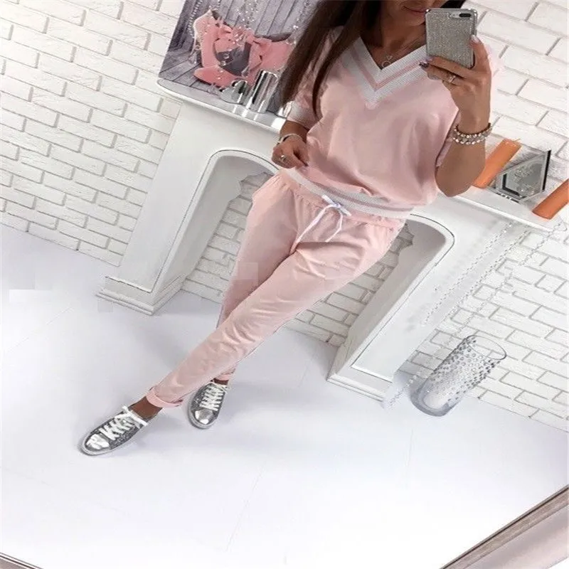 

2Pcs Women Sets Ladies V Neck Striped Tops High Waist Pants Trousers Tracksuit Hoodies Sweatshirt Sets Outwear Casual Suit
