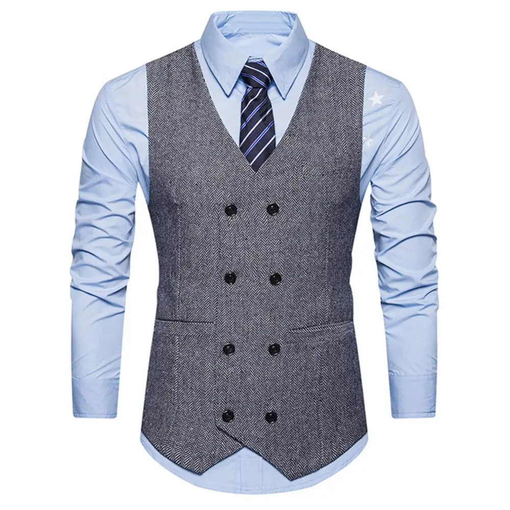 

Men Vest Vintage Sleeveless Solid Color Casual Double-breasted Herringbone Twill Slim Waistcoat Fashion Business Vests Suits
