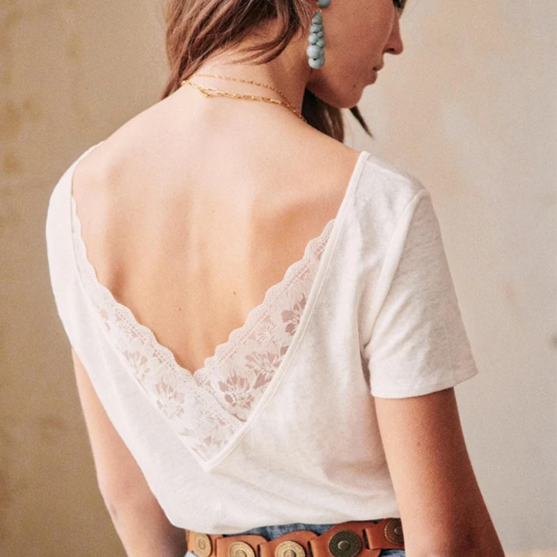 Кружевная Лоскутная темно зеленая блузка с открытой спиной для женщин коротким