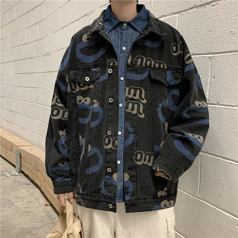 

Mens Spring Autumn Jean Jacket Men New Full Print Denim Jacket Male Korean Loose Creative Vintage Thicken Jacket Plus Size S-3XL
