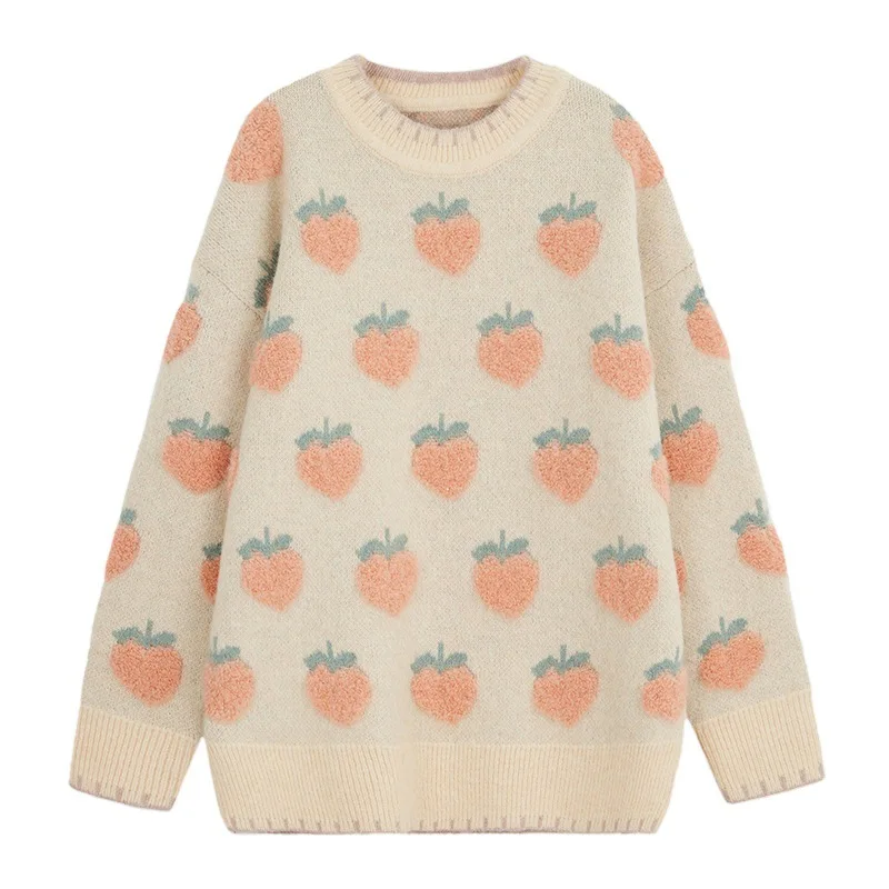 

Pink Strawberry Knitted Loose Pullover Sweater for Woman Autumn Winter Harajukuy Kpop Korean Style Jumper Jersey