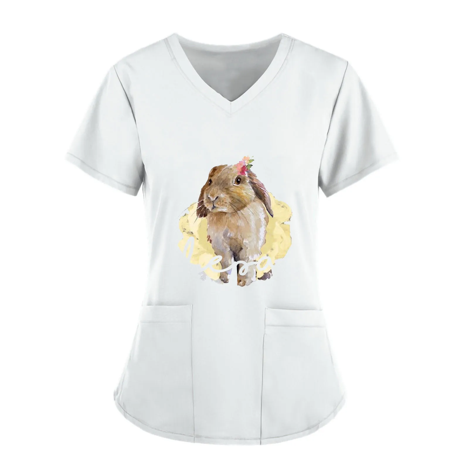 

2023 Women Blouse Short Sleeve V-neck Scrubs Tops Working Uniform Easter Bunny Print Pocket Blouse Pocket Casual Nurse Clothes