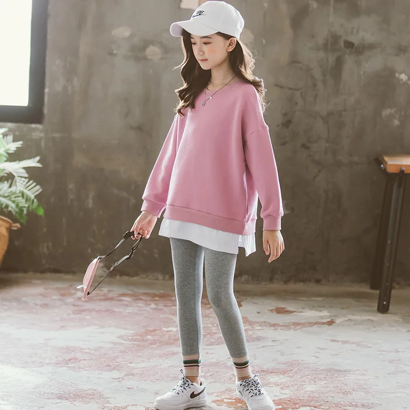 

Pink 2pcs Clothes Suit Spring Summer Children Clothes Baby Girls Sweatshirts+ Pants Kids Teenagers Outwear High Quality