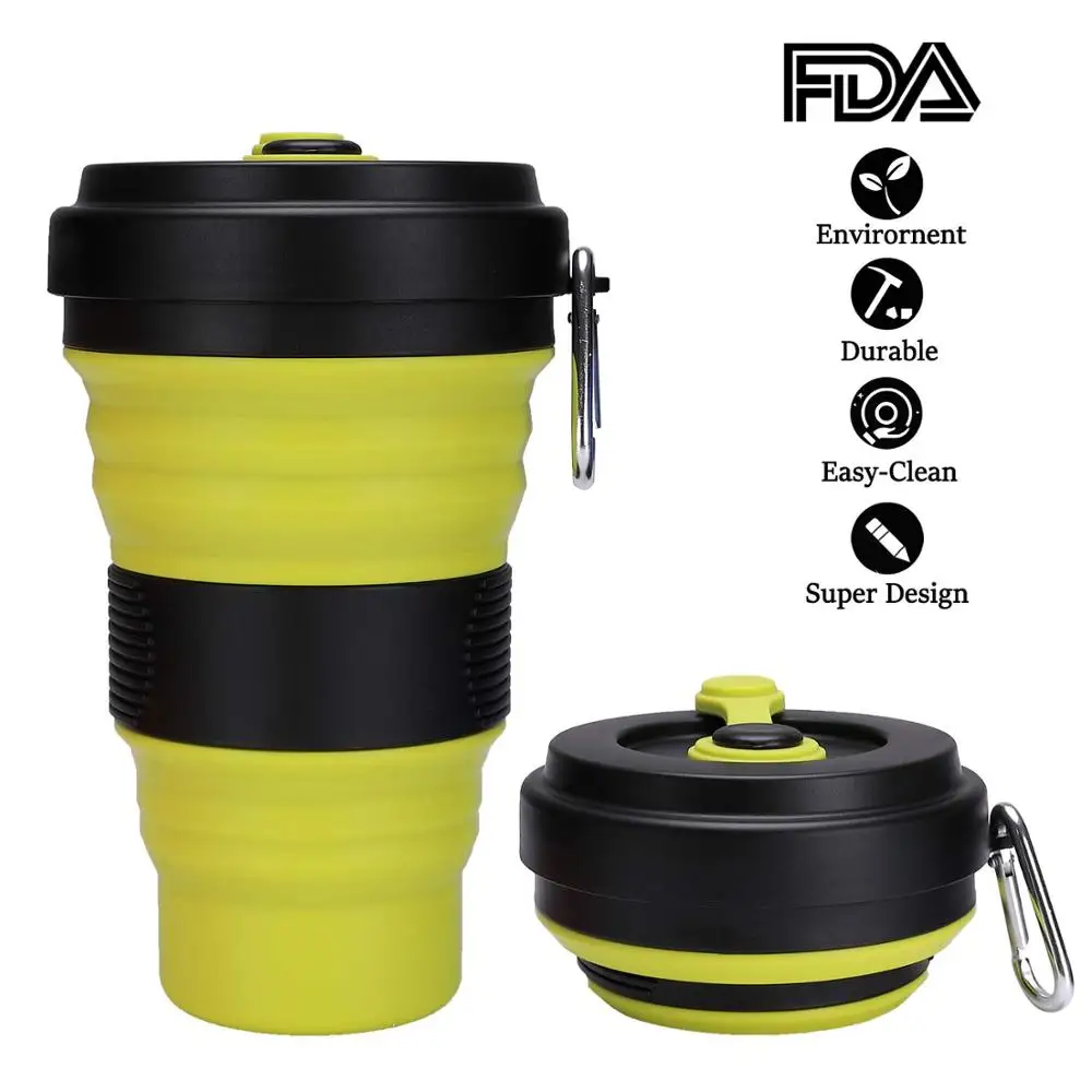 BlackYellow Складная чашка многоразовая силиконовая кружка для кофе и путешествий карманная Герметичная крышка 550 мл офисная кружка дорожная бутылка для воды Creativ - Цвет: BlackYellow