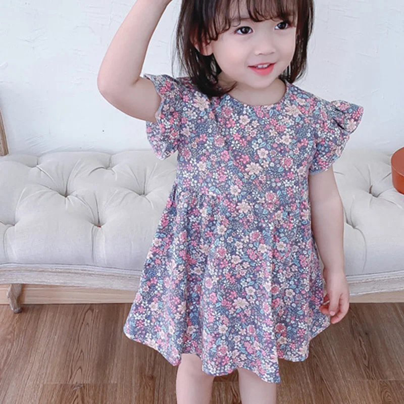 

2021 New Summer Dress Fashion Flower Print Flying Sleeve Girl Dress Children Clothes 2-6 Years Old