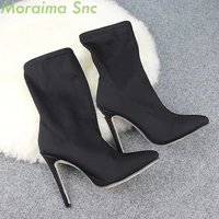 moraima snc women shoes pointed toe elastic boots candy color cloth solid slip on thin high heel socks boots thin high heels