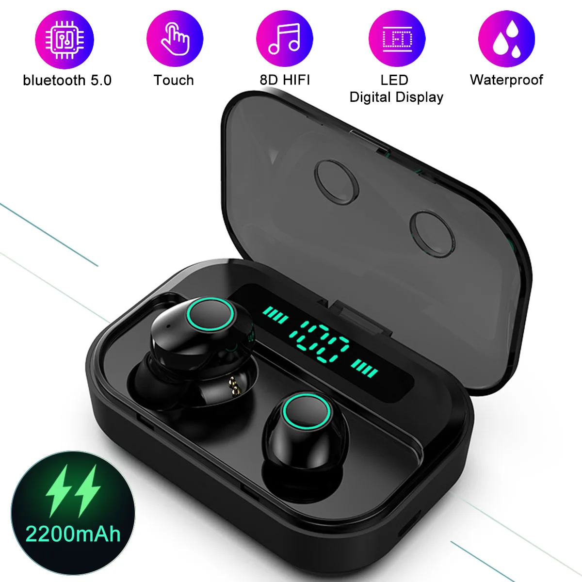 TWS bluetooth 5,0 наушники СВЕТОДИОДНЫЙ Дисплей True беспроводной 8D стерео 2200 мАч водонепроницаемые спортивные наушники гарнитура с микрофоном для телефона