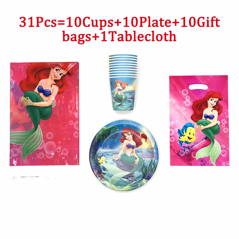 

The Child Disney Mermaid Ariel Birthday Party Decor Paper Plates Cups Tablecloth Tableware Baby Shower Party Supplies Gift Bags