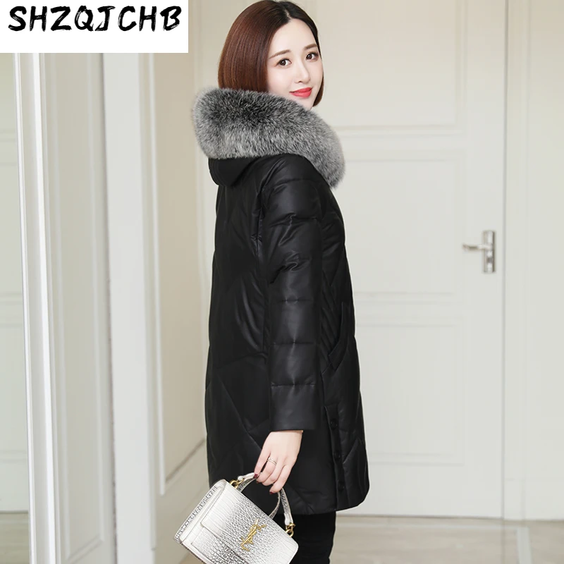 

SHZQ, кожаное пальто, женская пуховая куртка, меховое пальто, воротник из лисьего меха, толстая коллекция 2021 года, осень и зима, новинка, притал...
