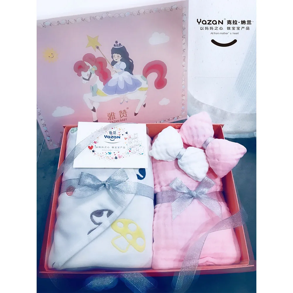 

Yazan baby gift set contains square towel*2 + bath towel +6 layers cotton gauze cover blanket+ gift boxboy and girl birth gift