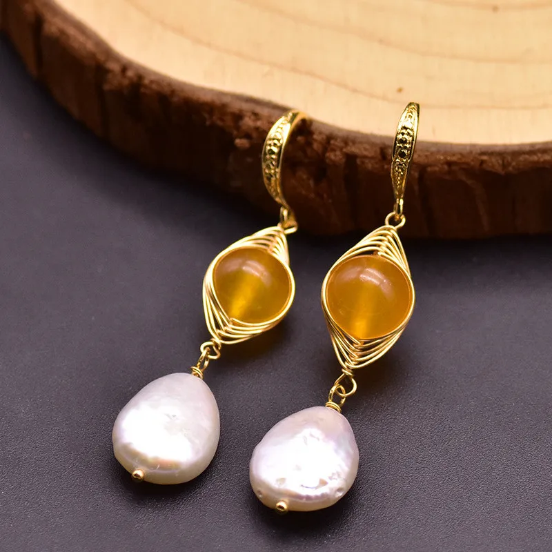 

New Original Design Yellow Stone Natural Baroque Pearl Drop Earrings Girl Party Gifts Women Indian Jewelery Handmade Accessories