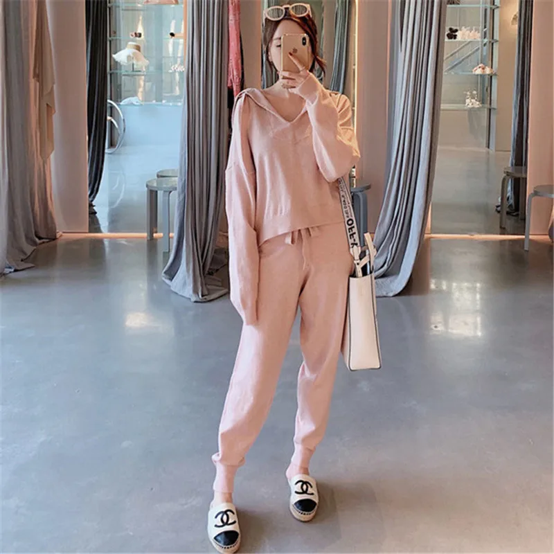 

2020 Spring Fashion Knitted Hooded Top+pants Women Two Piece Sets Solid Slim Tracksuit Sweatshirts Sporting Suit Female