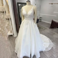 uzn elegant white a line beading lace appliques wedding dress v neck straps bridal gown with pockets buttons open back wedding