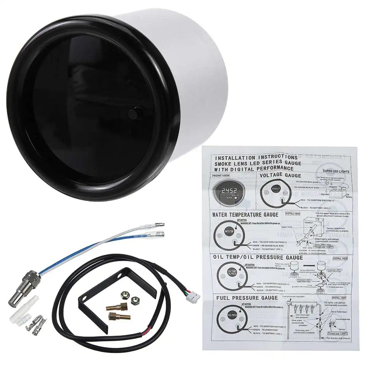 

12V Car Transmission Temperature Gauge 2 Inch 52mm 7 Color LED Digital Display 80-260F Auto Trans Temperature Meter with Sensor