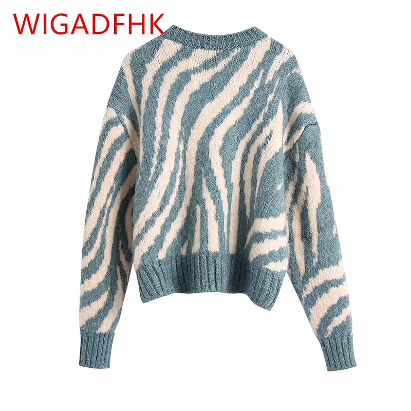 

WIGADFHK 2021 Za Woman Jumpers Traf Pull Autumn Winter Drop Shoulder Zebra Stripes Rib Trims Loose Jersey Knit Sweater Top