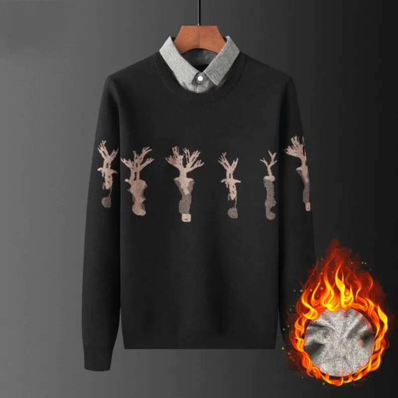 

Men Shirt-Collar Fake Two-Piece Pullover Plus Fleece Thick Warm Autumn Winter Business Casual Slim Fit Knitting Tops Korean